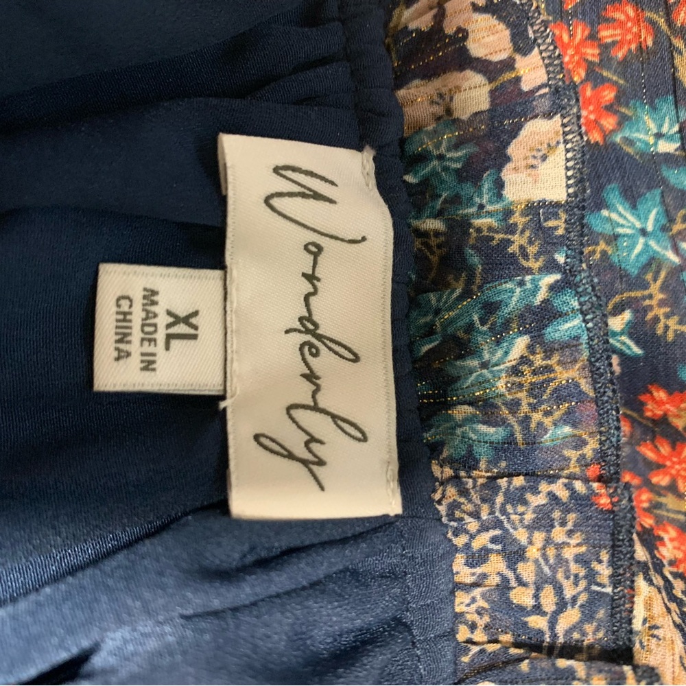 Wonderly Navy Floral Blouse with Orange and Cream Accents Ruffle Sleeves! - Picture 5 of 14